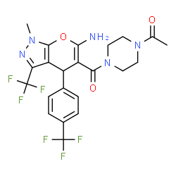 ChemSpider 2D Image | 1-[4-({6-Amino-1-methyl-3-(trifluoromethyl)-4-[4-(trifluoromethyl)phenyl]-1,4-dihydropyrano[2,3-c]pyrazol-5-yl}carbonyl)-1-piperazinyl]ethanone | C22H21F6N5O3