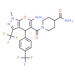 ChemSpider 2D Image | 1-({6-Amino-1-methyl-3-(trifluoromethyl)-4-[4-(trifluoromethyl)phenyl]-1,4-dihydropyrano[2,3-c]pyrazol-5-yl}carbonyl)-4-piperidinecarboxamide | C22H21F6N5O3