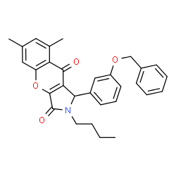 ChemSpider 2D Image | 1-[3-(Benzyloxy)phenyl]-2-butyl-6,8-dimethyl-1,2-dihydrochromeno[2,3-c]pyrrole-3,9-dione | C30H29NO4