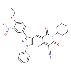 ChemSpider 2D Image | (5E)-1-Cyclohexyl-5-{[3-(4-ethoxy-3-nitrophenyl)-1-phenyl-1H-pyrazol-4-yl]methylene}-4-methyl-2,6-dioxo-1,2,5,6-tetrahydro-3-pyridinecarbonitrile | C31H29N5O5