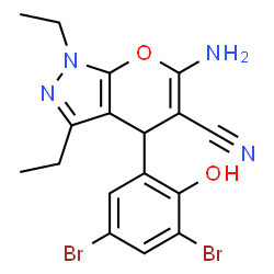 ChemSpider 2D Image | 6-Amino-4-(3,5-dibromo-2-hydroxyphenyl)-1,3-diethyl-1,4-dihydropyrano[2,3-c]pyrazole-5-carbonitrile | C17H16Br2N4O2