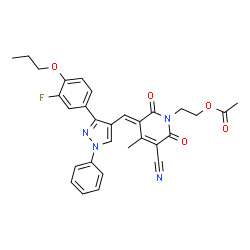 ChemSpider 2D Image | 2-[(3E)-5-Cyano-3-{[3-(3-fluoro-4-propoxyphenyl)-1-phenyl-1H-pyrazol-4-yl]methylene}-4-methyl-2,6-dioxo-3,6-dihydro-1(2H)-pyridinyl]ethyl acetate | C30H27FN4O5