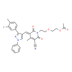 ChemSpider 2D Image | 2-{2-[(3E)-5-Cyano-3-{[3-(3-fluoro-4-methylphenyl)-1-phenyl-1H-pyrazol-4-yl]methylene}-4-methyl-2,6-dioxo-3,6-dihydro-1(2H)-pyridinyl]ethoxy}ethyl acetate | C30H27FN4O5