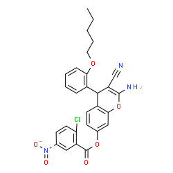 ChemSpider 2D Image | 2-Amino-3-cyano-4-[2-(pentyloxy)phenyl]-4H-chromen-7-yl 2-chloro-5-nitrobenzoate | C28H24ClN3O6