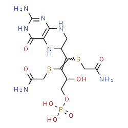 ChemSpider 2D Image | (3E)-3,4-Bis[(2-amino-2-oxoethyl)sulfanyl]-4-(2-amino-4-oxo-3,4,5,6,7,8-hexahydro-6-pteridinyl)-2-hydroxy-3-buten-1-yl dihydrogen phosphate | C14H22N7O8PS2