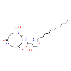 ChemSpider 2D Image | (2E,4E)-N-(3-Hydroxy-1-{[(3Z)-10-hydroxy-5-(hydroxymethyl)-2,7-dioxo-1,6-diazacyclododec-3-en-8-yl]amino}-1-oxo-2-butanyl)-2,4-dodecadienamide | C27H44N4O7