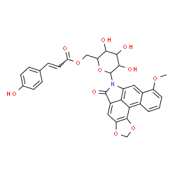 ChemSpider 2D Image | 6-{6-O-[(2E)-3-(4-Hydroxyphenyl)-2-propenoyl]hexopyranosyl}-8-methoxy[1,3]benzodioxolo[6,5,4-cd]benzo[f]indol-5(6H)-one | C32H27NO11