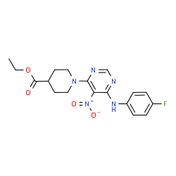 ChemSpider 2D Image | Ethyl 1-{6-[(4-fluorophenyl)amino]-5-nitro-4-pyrimidinyl}-4-piperidinecarboxylate | C18H20FN5O4