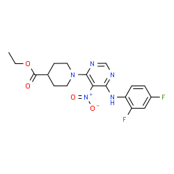 ChemSpider 2D Image | Ethyl 1-{6-[(2,4-difluorophenyl)amino]-5-nitro-4-pyrimidinyl}-4-piperidinecarboxylate | C18H19F2N5O4
