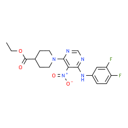 ChemSpider 2D Image | Ethyl 1-{6-[(3,4-difluorophenyl)amino]-5-nitro-4-pyrimidinyl}-4-piperidinecarboxylate | C18H19F2N5O4