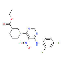 ChemSpider 2D Image | Ethyl 1-{6-[(2,4-difluorophenyl)amino]-5-nitro-4-pyrimidinyl}-3-piperidinecarboxylate | C18H19F2N5O4
