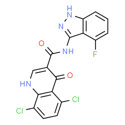 ChemSpider 2D Image | 5,8-Dichloro-N-(4-fluoro-1H-indazol-3-yl)-4-oxo-1,4-dihydro-3-quinolinecarboxamide | C17H9Cl2FN4O2