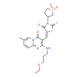 ChemSpider 2D Image | 3-{(E)-[3-(1,1-Dioxidotetrahydro-3-thiophenyl)-4-oxo-2-thioxo-1,3-thiazolidin-5-ylidene]methyl}-2-[(3-ethoxypropyl)amino]-7-methyl-4H-pyrido[1,2-a]pyrimidin-4-one | C22H26N4O5S3
