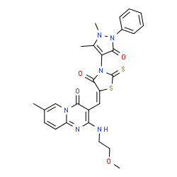 ChemSpider 2D Image | 3-{(E)-[3-(1,5-Dimethyl-3-oxo-2-phenyl-2,3-dihydro-1H-pyrazol-4-yl)-4-oxo-2-thioxo-1,3-thiazolidin-5-ylidene]methyl}-2-[(2-methoxyethyl)amino]-7-methyl-4H-pyrido[1,2-a]pyrimidin-4-one | C27H26N6O4S2
