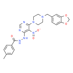 ChemSpider 2D Image | N'-{6-[4-(1,3-Benzodioxol-5-ylmethyl)piperazin-1-yl]-5-nitropyrimidin-4-yl}-4-methylbenzohydrazide | C24H25N7O5