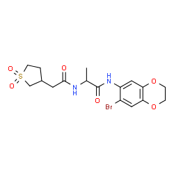 ChemSpider 2D Image | N-(7-Bromo-2,3-dihydro-1,4-benzodioxin-6-yl)-N~2~-[(1,1-dioxidotetrahydro-3-thiophenyl)acetyl]alaninamide | C17H21BrN2O6S
