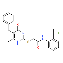 ChemSpider 2D Image | 2-[(5-Benzyl-4-methyl-6-oxo-1,6-dihydropyrimidin-2-yl)sulfanyl]-N-[2-(trifluoromethyl)phenyl]acetamide | C21H18F3N3O2S