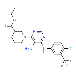 ChemSpider 2D Image | Ethyl 1-(5-amino-6-{[4-chloro-3-(trifluoromethyl)phenyl]amino}-4-pyrimidinyl)-3-piperidinecarboxylate | C19H21ClF3N5O2