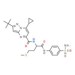 ChemSpider 2D Image | 7-Cyclopropyl-2-(2-methyl-2-propanyl)-N-{4-(methylsulfanyl)-1-oxo-1-[(4-sulfamoylphenyl)amino]-2-butanyl}pyrazolo[1,5-a]pyrimidine-5-carboxamide | C25H32N6O4S2