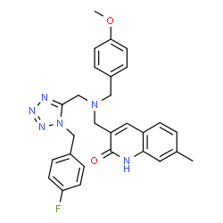 ChemSpider 2D Image | 3-{[{[1-(4-Fluorobenzyl)-1H-tetrazol-5-yl]methyl}(4-methoxybenzyl)amino]methyl}-7-methyl-2(1H)-quinolinone | C28H27FN6O2