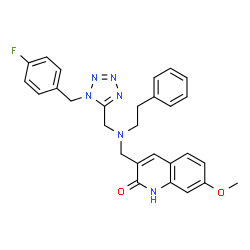 ChemSpider 2D Image | 3-{[{[1-(4-Fluorobenzyl)-1H-tetrazol-5-yl]methyl}(2-phenylethyl)amino]methyl}-7-methoxy-2(1H)-quinolinone | C28H27FN6O2