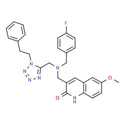 ChemSpider 2D Image | 3-{[(4-Fluorobenzyl){[1-(2-phenylethyl)-1H-tetrazol-5-yl]methyl}amino]methyl}-6-methoxy-2(1H)-quinolinone | C28H27FN6O2