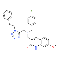 ChemSpider 2D Image | 3-{[(4-Fluorobenzyl){[1-(2-phenylethyl)-1H-tetrazol-5-yl]methyl}amino]methyl}-7-methoxy-2(1H)-quinolinone | C28H27FN6O2