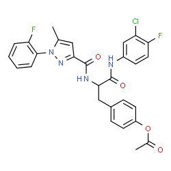 ChemSpider 2D Image | 4-{3-[(3-Chloro-4-fluorophenyl)amino]-2-({[1-(2-fluorophenyl)-5-methyl-1H-pyrazol-3-yl]carbonyl}amino)-3-oxopropyl}phenyl acetate | C28H23ClF2N4O4