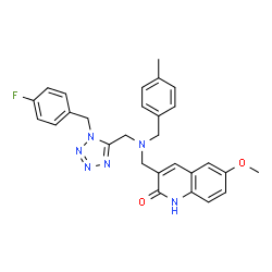 ChemSpider 2D Image | 3-{[{[1-(4-Fluorobenzyl)-1H-tetrazol-5-yl]methyl}(4-methylbenzyl)amino]methyl}-6-methoxy-2(1H)-quinolinone | C28H27FN6O2