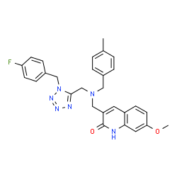 ChemSpider 2D Image | 3-{[{[1-(4-Fluorobenzyl)-1H-tetrazol-5-yl]methyl}(4-methylbenzyl)amino]methyl}-7-methoxy-2(1H)-quinolinone | C28H27FN6O2