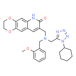 ChemSpider 2D Image | 8-({[(1-Cyclohexyl-1H-tetrazol-5-yl)methyl](2-methoxybenzyl)amino}methyl)-2,3-dihydro[1,4]dioxino[2,3-g]quinolin-7(6H)-one | C28H32N6O4