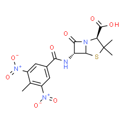 ChemSpider 2D Image | (2S,6R)-3,3-Dimethyl-6-[(4-methyl-3,5-dinitrobenzoyl)amino]-7-oxo-4-thia-1-azabicyclo[3.2.0]heptane-2-carboxylic acid | C16H16N4O8S