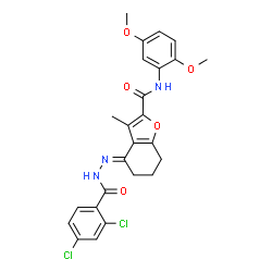 ChemSpider 2D Image | (4E)-4-[(2,4-Dichlorobenzoyl)hydrazono]-N-(2,5-dimethoxyphenyl)-3-methyl-4,5,6,7-tetrahydro-1-benzofuran-2-carboxamide | C25H23Cl2N3O5
