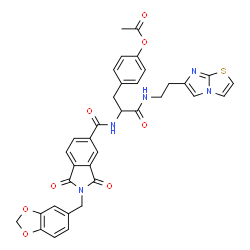 ChemSpider 2D Image | 4-[2-({[2-(1,3-Benzodioxol-5-ylmethyl)-1,3-dioxo-2,3-dihydro-1H-isoindol-5-yl]carbonyl}amino)-3-{[2-(imidazo[2,1-b][1,3]thiazol-6-yl)ethyl]amino}-3-oxopropyl]phenyl acetate | C35H29N5O8S