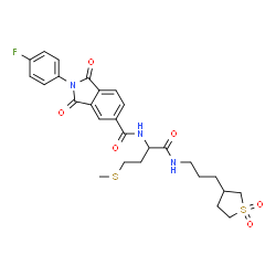 ChemSpider 2D Image | N-[1-{[3-(1,1-Dioxidotetrahydro-3-thiophenyl)propyl]amino}-4-(methylsulfanyl)-1-oxo-2-butanyl]-2-(4-fluorophenyl)-1,3-dioxo-5-isoindolinecarboxamide | C27H30FN3O6S2