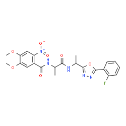 ChemSpider 2D Image | N-[1-({1-[5-(2-Fluorophenyl)-1,3,4-oxadiazol-2-yl]ethyl}amino)-1-oxo-2-propanyl]-4,5-dimethoxy-2-nitrobenzamide | C22H22FN5O7