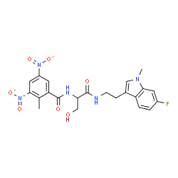 ChemSpider 2D Image | N-(1-{[2-(6-Fluoro-1-methyl-1H-indol-3-yl)ethyl]amino}-3-hydroxy-1-oxo-2-propanyl)-2-methyl-3,5-dinitrobenzamide | C22H22FN5O7