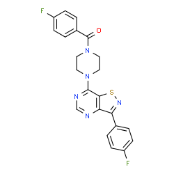 ChemSpider 2D Image | (4-Fluorophenyl){4-[3-(4-fluorophenyl)[1,2]thiazolo[4,5-d]pyrimidin-7-yl]-1-piperazinyl}methanone | C22H17F2N5OS