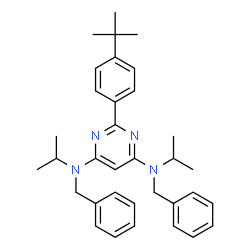 ChemSpider 2D Image | N,N'-Dibenzyl-N,N'-diisopropyl-2-[4-(2-methyl-2-propanyl)phenyl]-4,6-pyrimidinediamine | C34H42N4