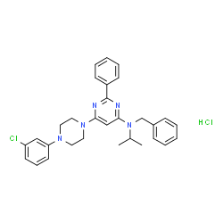 ChemSpider 2D Image | N-Benzyl-6-[4-(3-chlorophenyl)-1-piperazinyl]-N-isopropyl-2-phenyl-4-pyrimidinamine hydrochloride (1:1) | C30H33Cl2N5