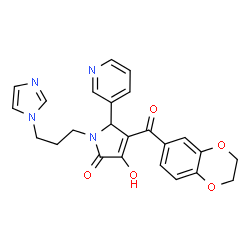ChemSpider 2D Image | 4-(2,3-Dihydro-1,4-benzodioxin-6-ylcarbonyl)-3-hydroxy-1-[3-(1H-imidazol-1-yl)propyl]-5-(3-pyridinyl)-1,5-dihydro-2H-pyrrol-2-one | C24H22N4O5