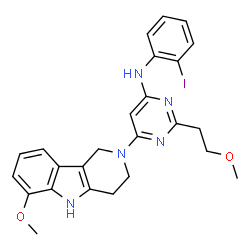 ChemSpider 2D Image | N-(2-Iodophenyl)-2-(2-methoxyethyl)-6-(6-methoxy-1,3,4,5-tetrahydro-2H-pyrido[4,3-b]indol-2-yl)-4-pyrimidinamine | C25H26IN5O2