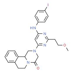 ChemSpider 2D Image | 2-{6-[(4-Iodophenyl)amino]-2-(2-methoxyethyl)-4-pyrimidinyl}-1,2,3,6,7,11b-hexahydro-4H-pyrazino[2,1-a]isoquinolin-4-one | C25H26IN5O2