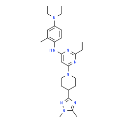 ChemSpider 2D Image | N~1~-{6-[4-(1,5-Dimethyl-1H-1,2,4-triazol-3-yl)-1-piperidinyl]-2-ethyl-4-pyrimidinyl}-N~4~,N~4~-diethyl-2-methyl-1,4-benzenediamine | C26H38N8
