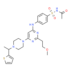 ChemSpider 2D Image | N-[(4-{[2-(2-Methoxyethyl)-6-{4-[1-(2-thienyl)ethyl]-1-piperazinyl}-4-pyrimidinyl]amino}phenyl)sulfonyl]acetamide | C25H32N6O4S2