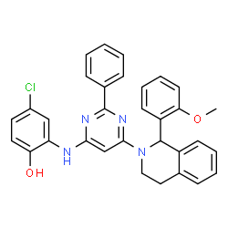 ChemSpider 2D Image | 4-Chloro-2-({6-[1-(2-methoxyphenyl)-3,4-dihydro-2(1H)-isoquinolinyl]-2-phenyl-4-pyrimidinyl}amino)phenol | C32H27ClN4O2