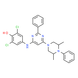 ChemSpider 2D Image | 2,6-Dichloro-4-{[6-(3,5-dimethyl-4-phenyl-1-piperazinyl)-2-phenyl-4-pyrimidinyl]amino}phenol | C28H27Cl2N5O