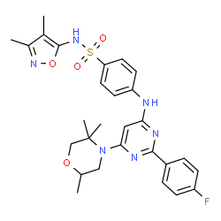 ChemSpider 2D Image | N-(3,4-Dimethyl-1,2-oxazol-5-yl)-4-{[2-(4-fluorophenyl)-6-(2,5,5-trimethyl-4-morpholinyl)-4-pyrimidinyl]amino}benzenesulfonamide | C28H31FN6O4S
