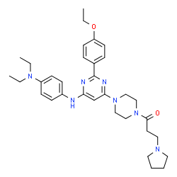 ChemSpider 2D Image | 1-{4-[6-{[4-(Diethylamino)phenyl]amino}-2-(4-ethoxyphenyl)-4-pyrimidinyl]-1-piperazinyl}-3-(1-pyrrolidinyl)-1-propanone | C33H45N7O2