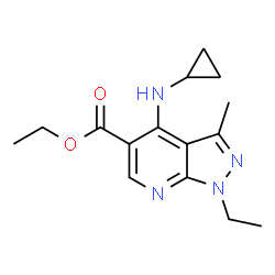 ChemSpider 2D Image | Ethyl 4-(cyclopropylamino)-1-ethyl-3-methyl-1H-pyrazolo[3,4-b]pyridine-5-carboxylate | C15H20N4O2